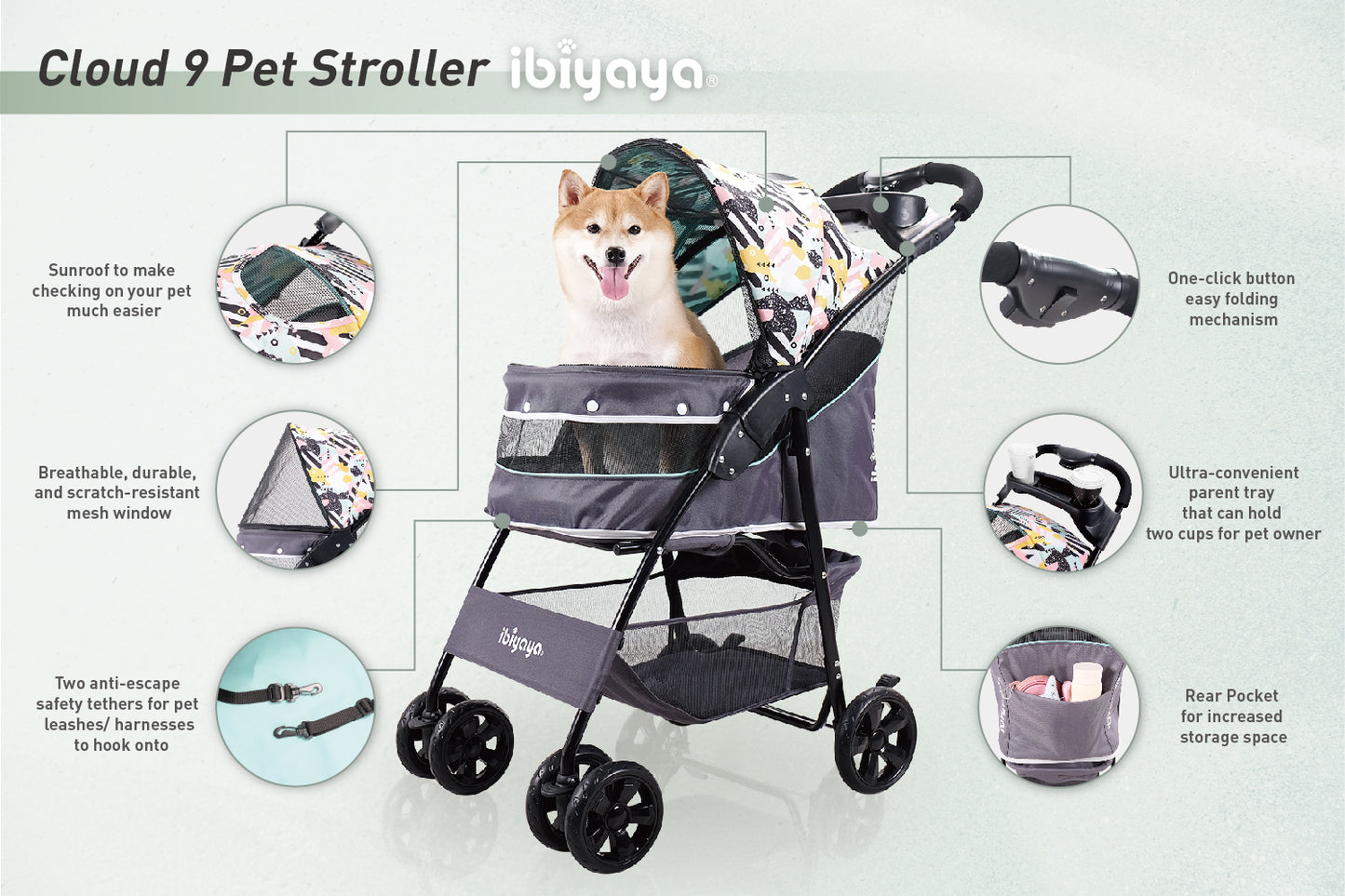 Ibiyaya Cloud 9 Pet Stroller for Cats & Dogs up to 20kg - Mint Green