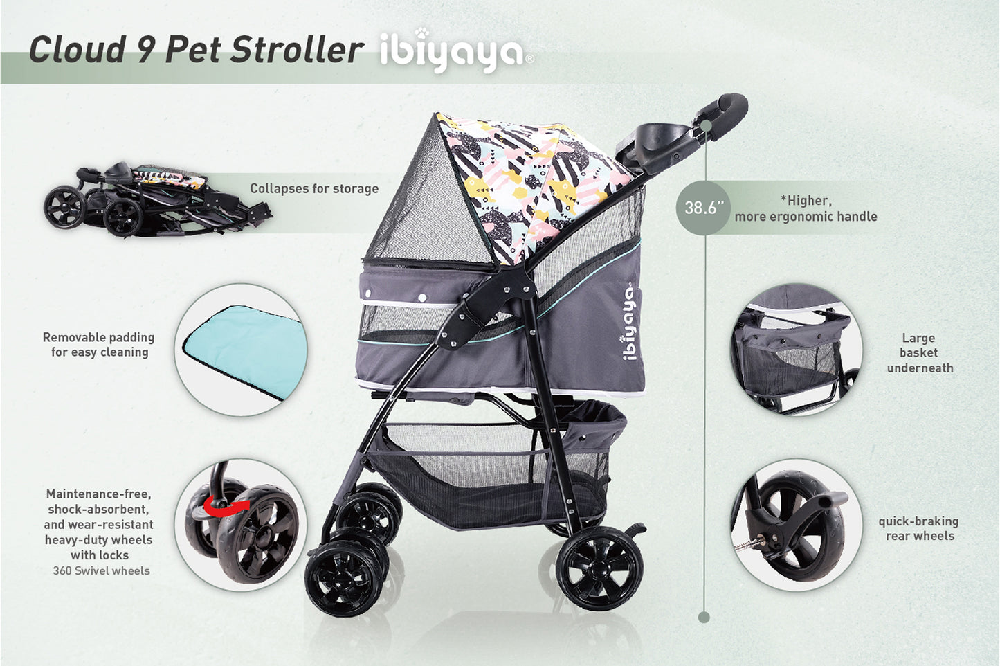 Ibiyaya Cloud 9 Pet Stroller for Cats & Dogs up to 20kg - Mint Green